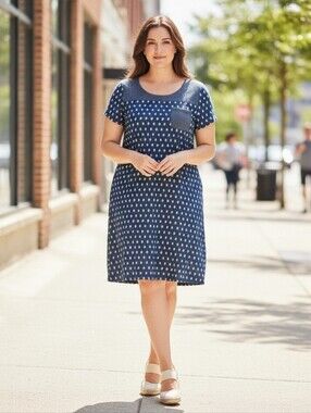 OLD NAVY XL Indigo Blue And Cream Polka Dot Scoop Neck T Shirt Dress